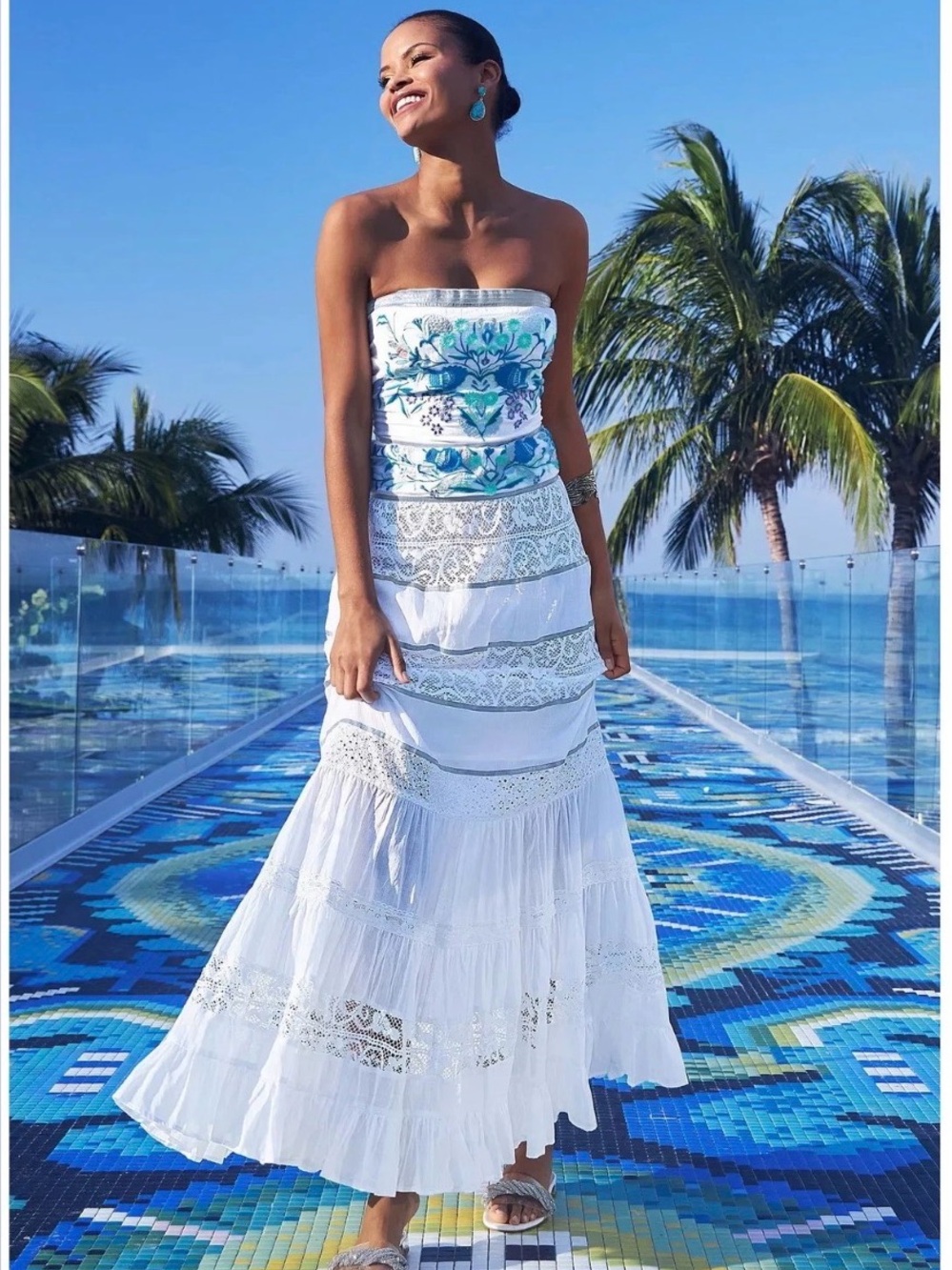 Boston Proper White lace maxi dress with blue embroidered floral details M
